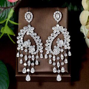Cubic Zirconia Long Tassel Drop Earrings